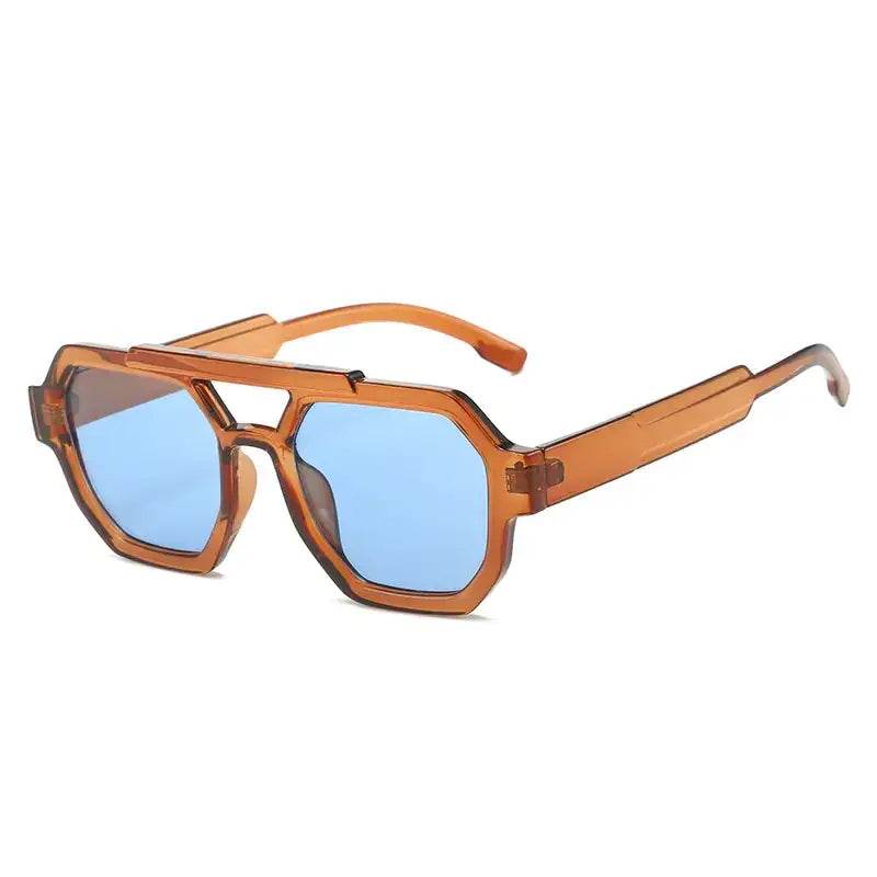Orange-tinted plastic aviator sunglasses with blue mirrored lenses and a geometric frame design.