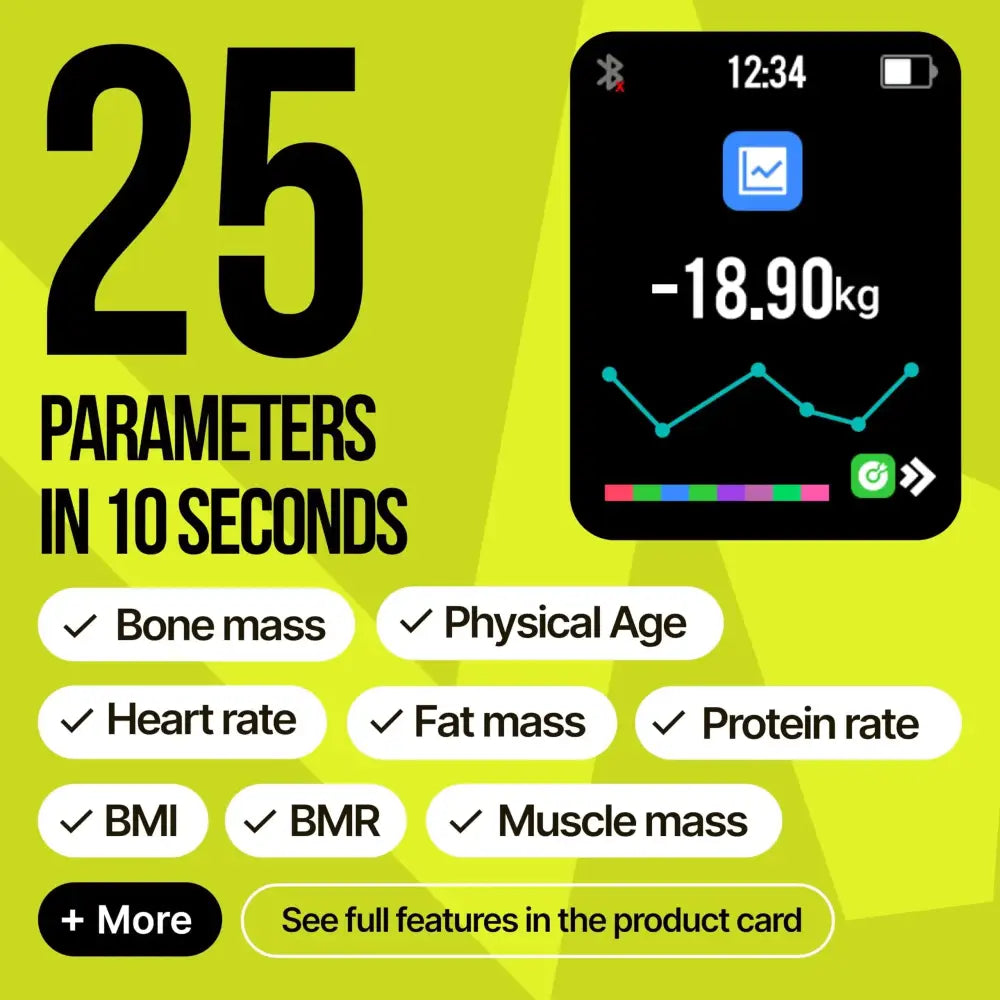 Smartwatch with black screen displaying fitness metrics and a vibrant yellow background