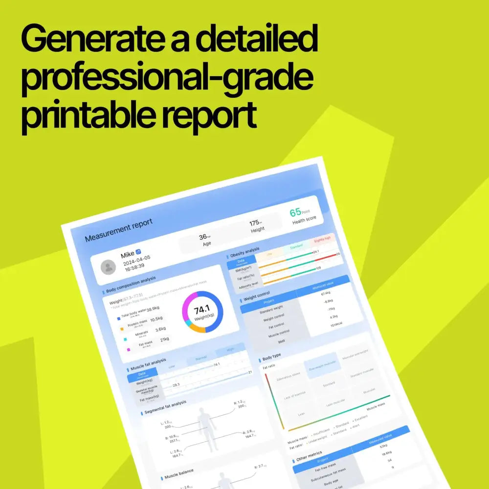 A sleek, white and blue professional-grade printable health report with detailed body composition analysis charts.