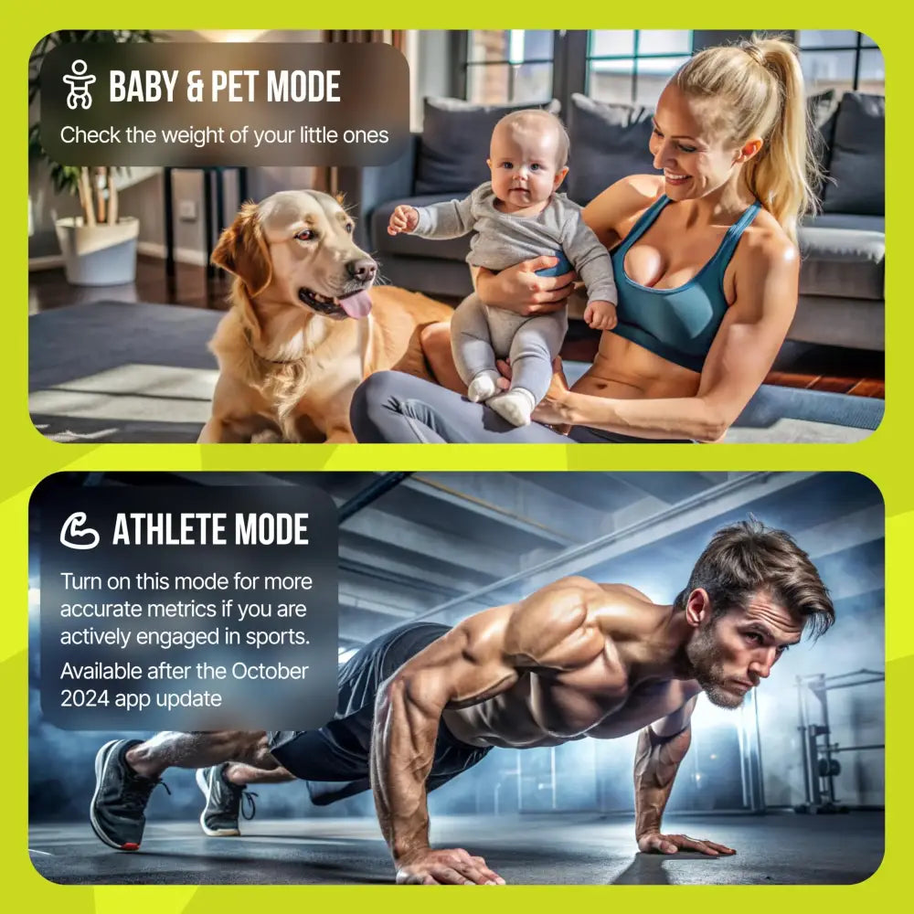 The image displays two distinct modes for a fitness tracker: ’baby & pet mode’ with text indicating it checks the weight of little ones, and ’athlete mode,’ which is designed to provide more accurate metrics during sports activities.