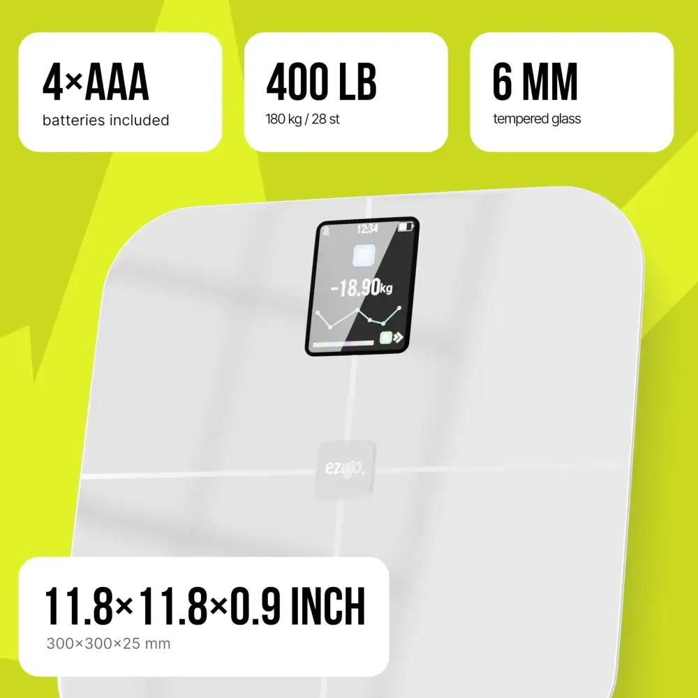 White tempered glass digital scale with a sleek, modern design and an integrated display showing weight measurements.