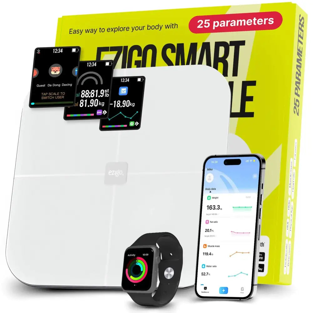 White rectangular smart scale with digital display and ezigo branding