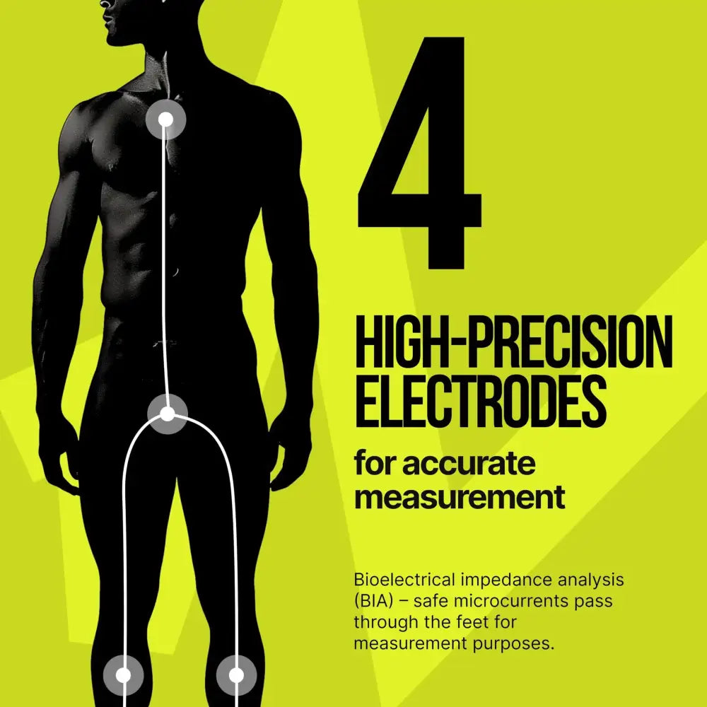Black silhouette of a muscular male figure with four white circular electrodes positioned at the neck, upper chest, lower abdomen, and both feet.
