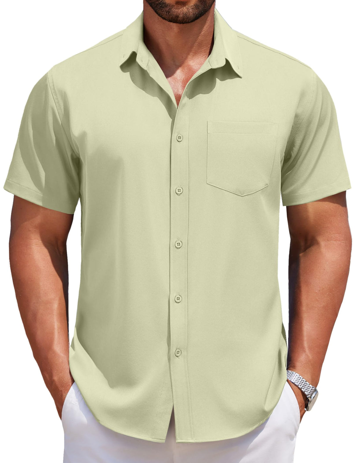 COOFANDY Mens Short Sleeve Button Down Dress Shirts Casual Summer Fashion Untucked Wrinkle Free Athletic Shirts Green XL