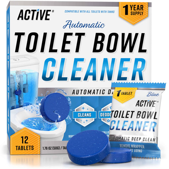 ACTIVE Automatic Toilet Bowl Cleaner Tablets Blue Gel Toilet Tank Cleaners Septic-Safe Hard Water Ring Stain Remover Smell Eliminator Heavy Duty Toilet Cleaning & Deodorizer Fresh Scent - 12 Tabs
