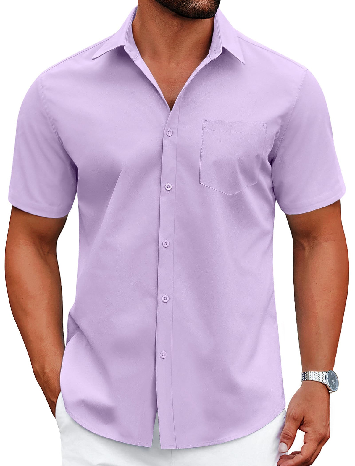 COOFANDY Mens Summer Shirts Button Up Short Sleeve Dress Shirts Wrinkle Free Untucked Shirts Lavender