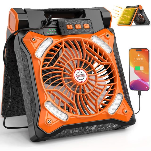 KITWLEMEN Upgraded Solar Camping Fan with Lantern - Rechargeable Battery Operated Fan 36H Run Time Max 4 Speeds 8H Timer 90° Adjustable Portable Desk Fan for Hurricane Power Outage Outdoor Use