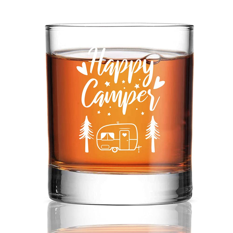 Perfectinsoy Happy Camper Whiskey Glass Glamping RV Kitchen Accessories Camping Wine Glass Camper Gift for Him Boyfriend Husband Dad Camping Enthusiast Fathers Day Birthday Gift