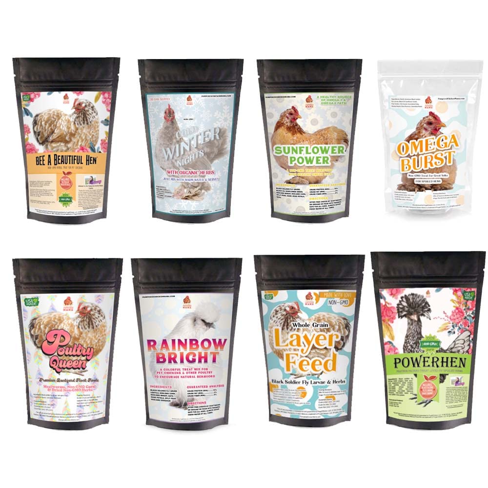 Pampered Chicken Mama Chicken Treat for Hens 8 Pounds Sampler Bundle: 8 Different Treats in One Box! - Grubs Dried Mealworms Cracked Corn Oyster Shell & Duck Feed