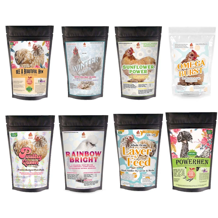 Pampered Chicken Mama Chicken Treat for Hens 8 Pounds Sampler Bundle: 8 Different Treats in One Box! - Grubs Dried Mealworms Cracked Corn Oyster Shell & Duck Feed
