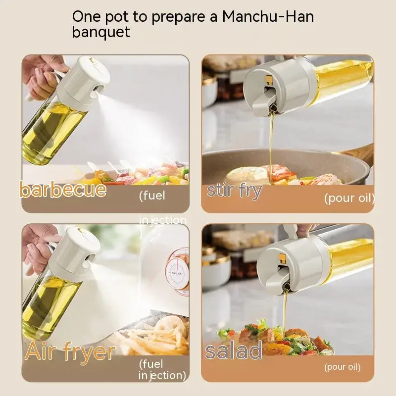 Clear glass oil dispenser with a white plastic spray nozzle and handle, designed for versatile cooking applications.