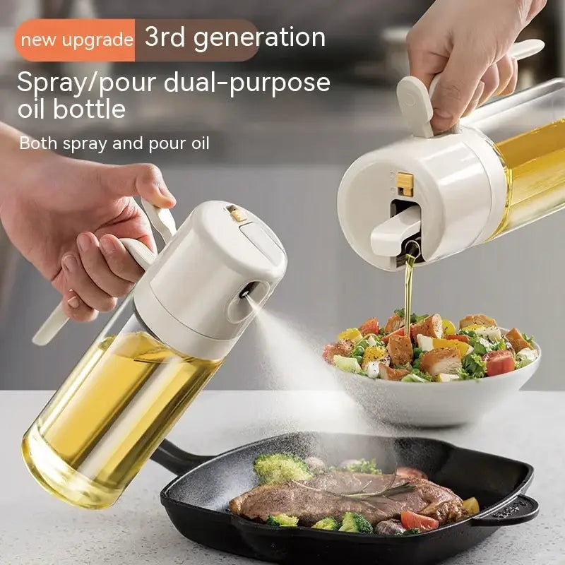 White plastic and glass spray/pour dual-purpose oil bottle with a clear body showing golden-yellow oil inside.