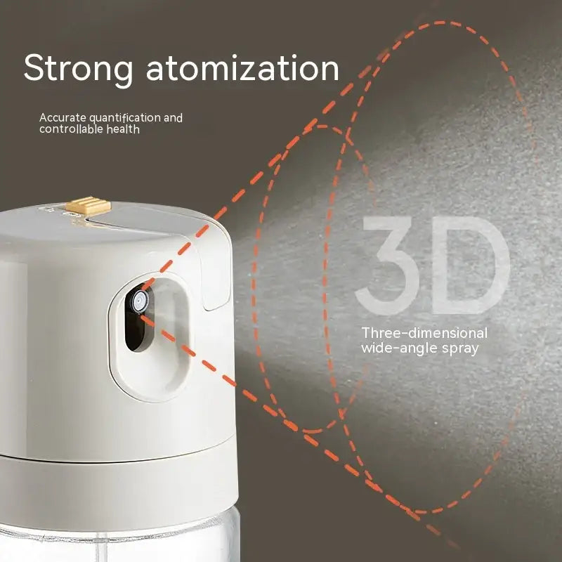 White plastic spray bottle with a gold-colored nozzle cap and transparent glass body.