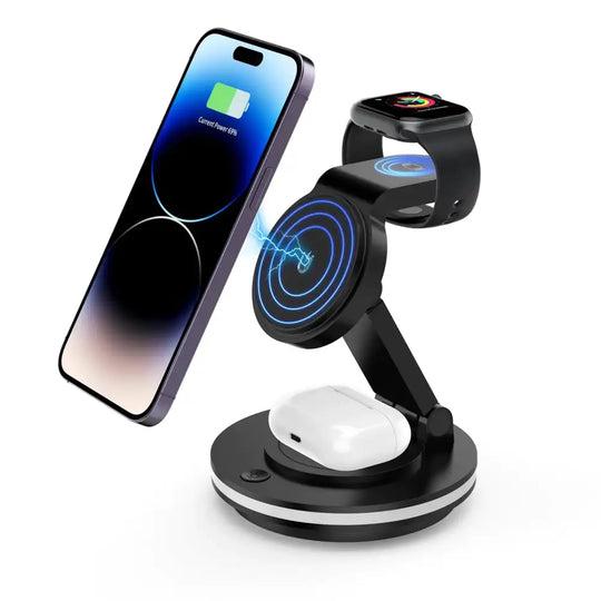3 in 1 Charging Station for Apple Devices 15W Fast Charger Stand Magnetic Wireless Charger Station Rotatable & Foldable with Night Light for iPhone15/14/13/12/Apple Watch/AirPods (Black)