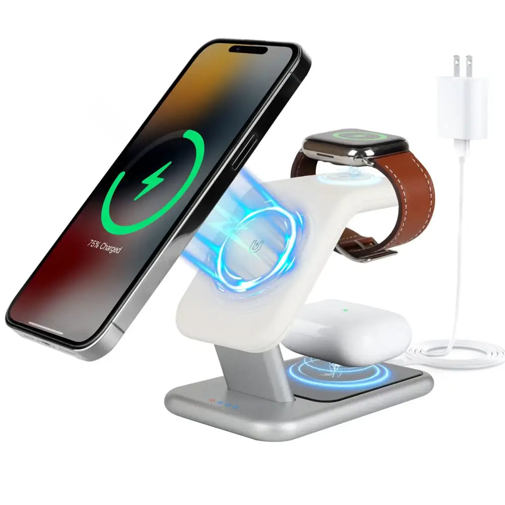 White and silver wireless charging station with three slots for phone, watch, and earbuds.