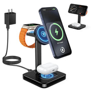 Black wireless charging stand with multiple slots for phone, watch, and earbuds