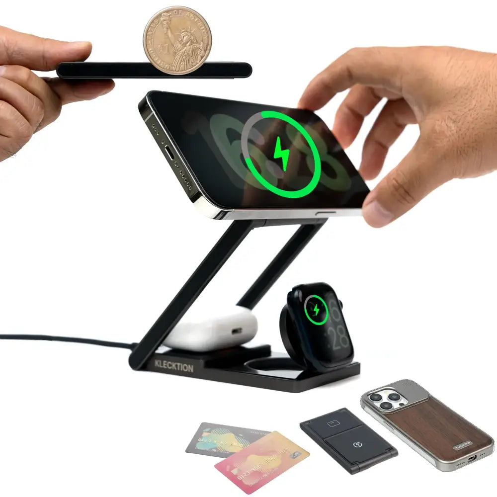 Black foldable wireless charging station with multiple slots for phone, earbuds, and cards
