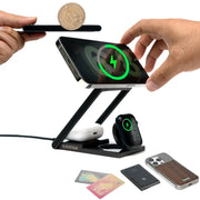 Black foldable wireless charging station with multiple slots for phone, earbuds, and cards
