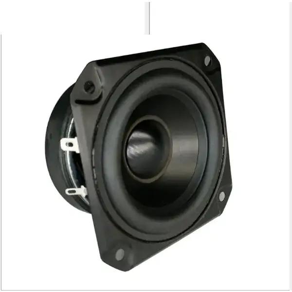 Black square speaker driver with a matte finish and visible mounting screws.