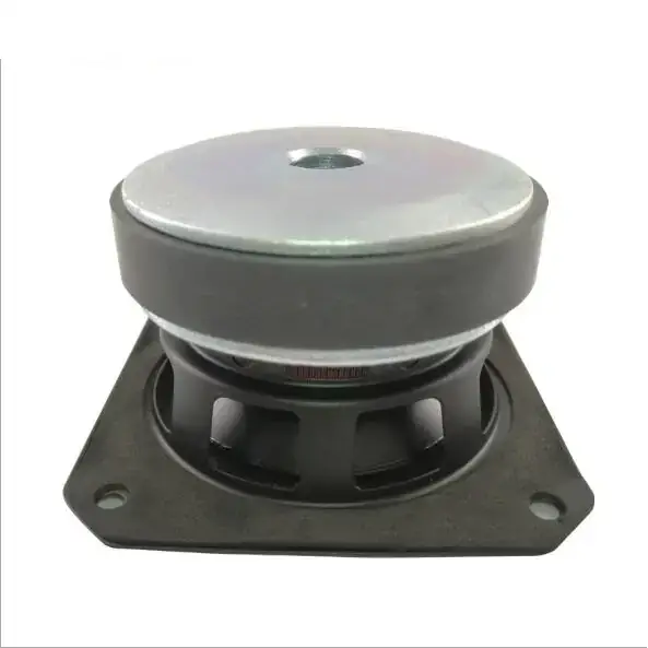 Black rubber-mounted speaker with a silver top plate and threaded center.