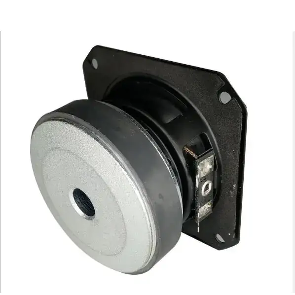 Black rectangular speaker with a silver-colored cone and visible internal components.