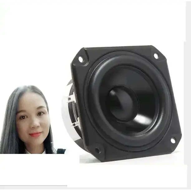 Black square speaker with a circular cone and mounting holes.