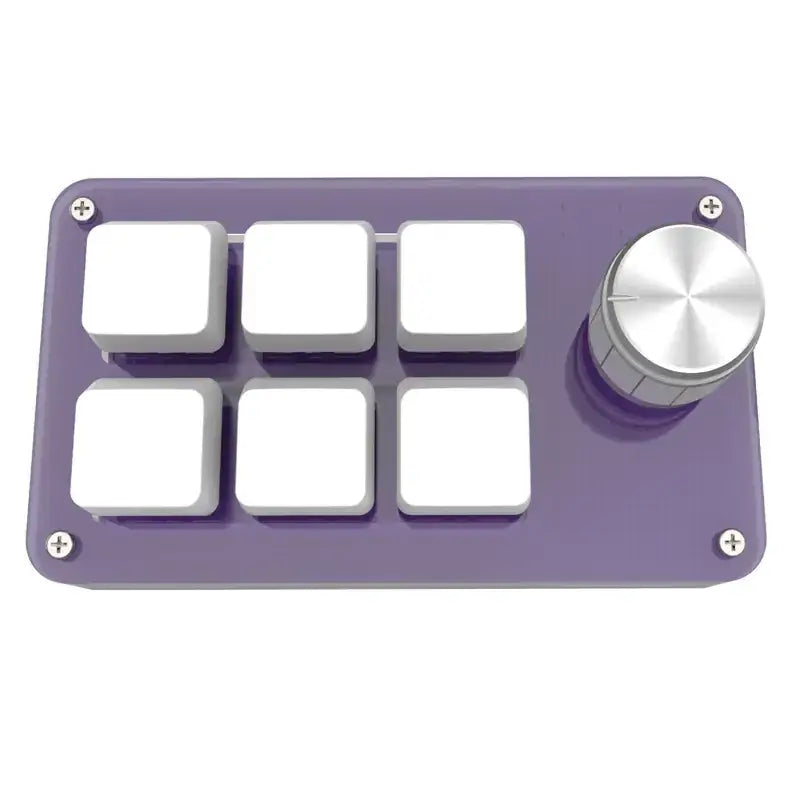 Purple rectangular gaming controller with six white square buttons and a silver rotary dial.