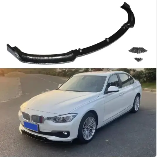 Black carbon fiber front bumper splitter designed for bmw 3 series models.