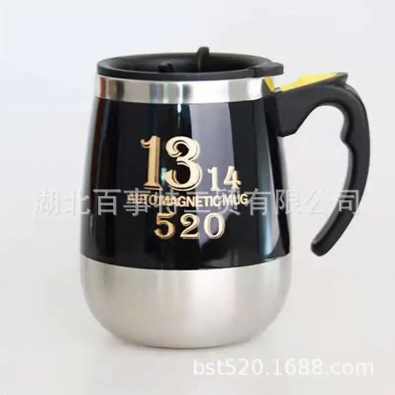 Black and silver automatic magnetic mug with a black handle, gold-colored ’13 14 520’’ text on the side.