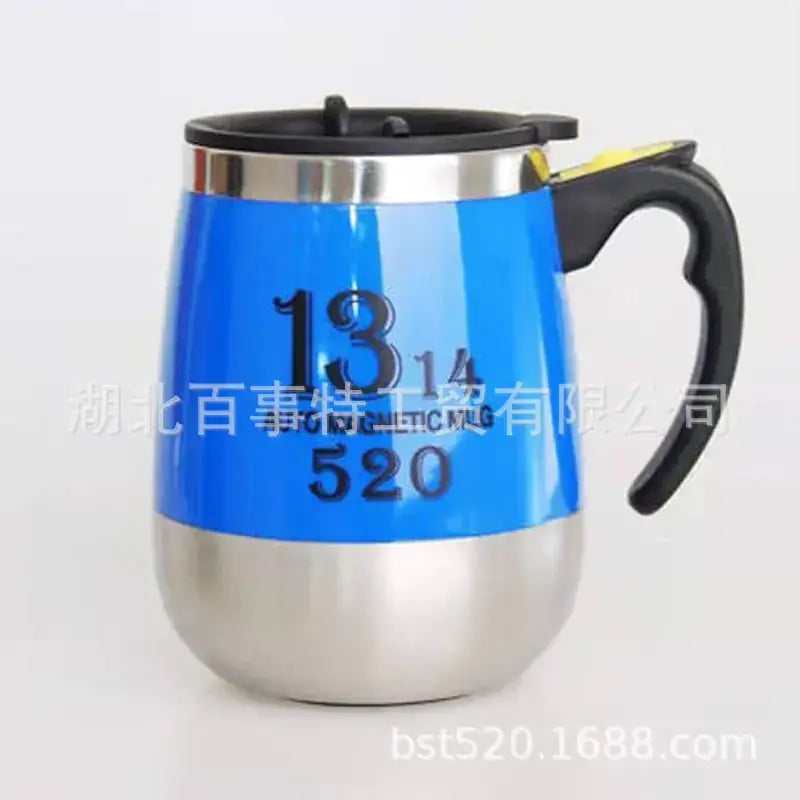 Blue and stainless steel travel mug with black lid and handle, featuring the numbers ’13 14’’ and ’520’’ printed in bold black font.