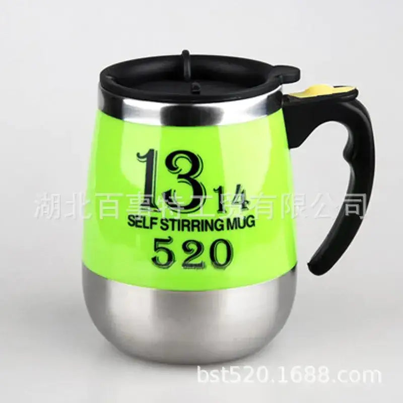 Bright green self-stirring mug with a black lid and handle, featuring silver stainless steel accents at the top rim and bottom base.