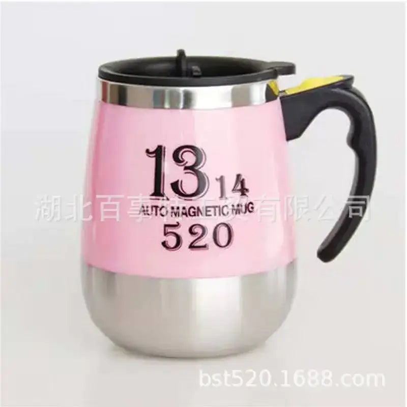 Pink and stainless steel auto-magnetic mug with black handle and lid.