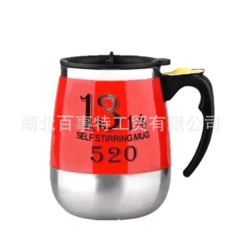 Red and stainless steel self-stirring mug with a black handle and lid.