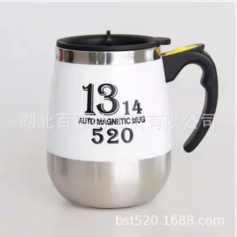 White and stainless steel auto magnetic mug with black lid and handle, featuring bold ’13 14 auto magnetic mug 520’’ text in a modern font.
