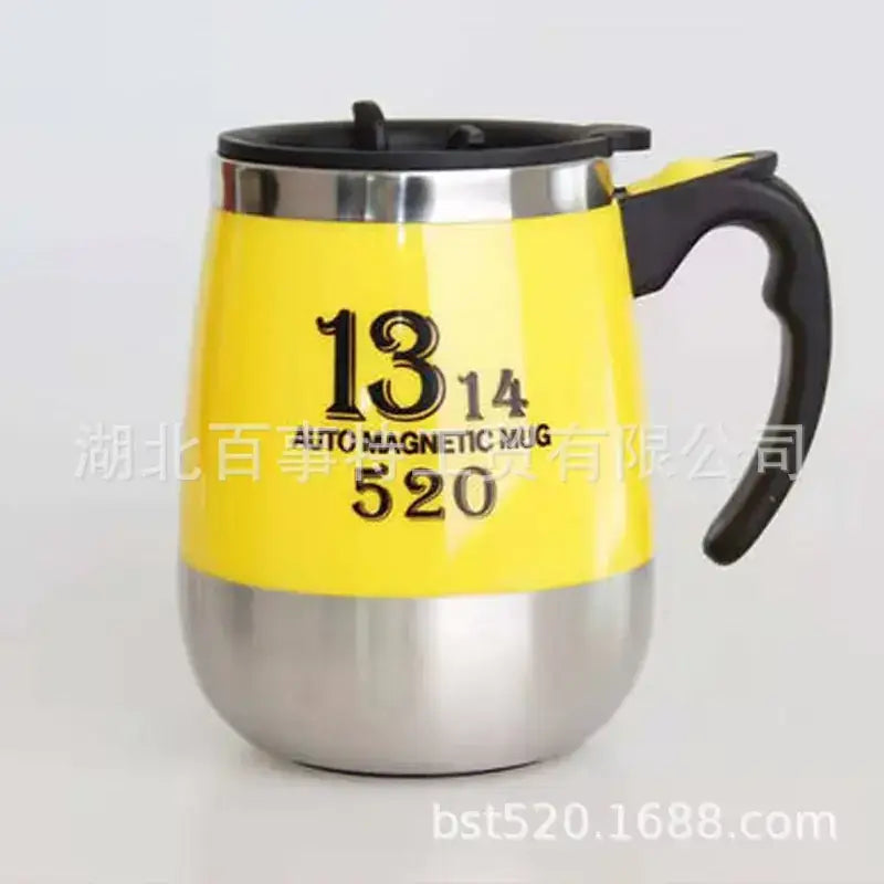 Yellow and silver auto magnetic mug with black handle and lid.