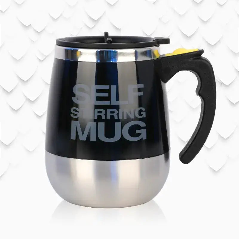 Black and stainless steel self-stirring mug with a black handle and lid, featuring the words ’self stirring mug’ in silver lettering.