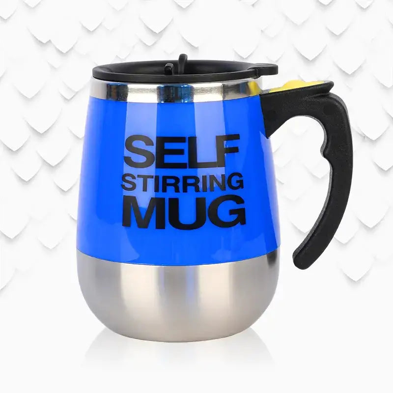Blue self-stirring mug with a stainless steel base and black handle.