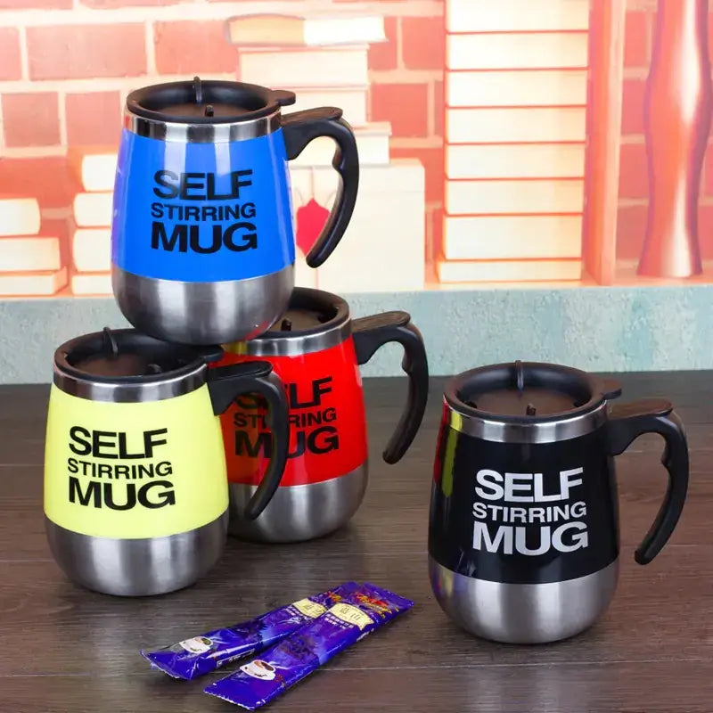 Blue, yellow, red, and black self-stirring mugs with stainless steel bodies and matching colored bands featuring bold white text.