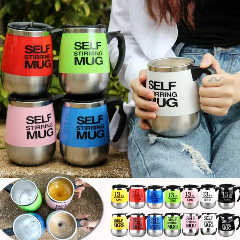 A self-stirring mug with a stainless steel body, colorful plastic exterior bands in red, green, pink, and blue, featuring bold black ’self stirring mug’ text on the band.