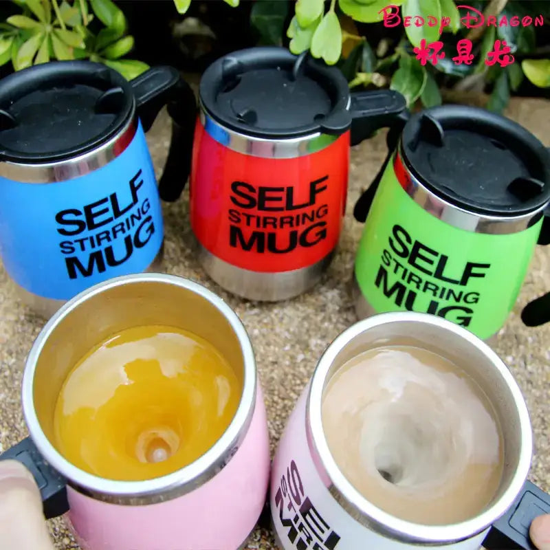 Colorful self-stirring mugs with black lids and handles, featuring bold ’self stirring mug’ text on their sides.