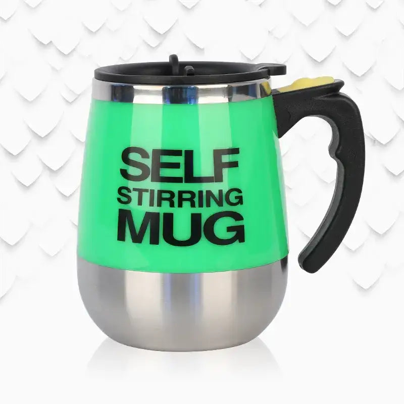 Green self-stirring mug with a black handle and lid, featuring bold black text on its glossy surface.