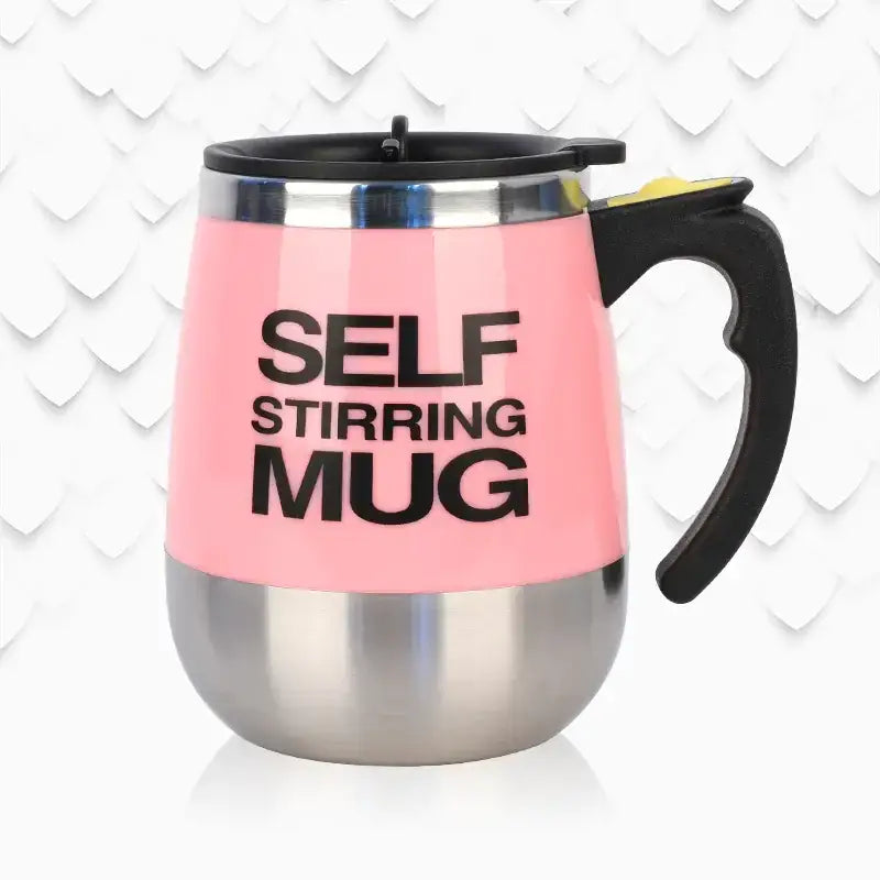 Pink self-stirring mug with black handle and lid, featuring a stainless steel base and rim.