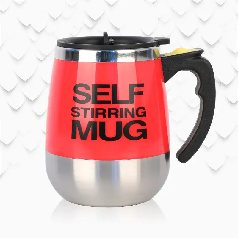 Red and silver self-stirring mug with black handle and lid.
