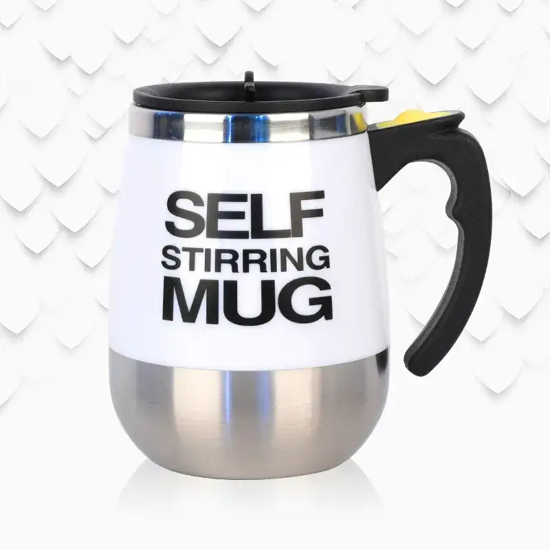 White and stainless steel self-stirring mug with black handle and lid.