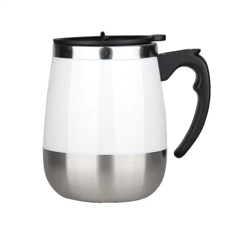 White and stainless steel travel mug with a black lid and handle.