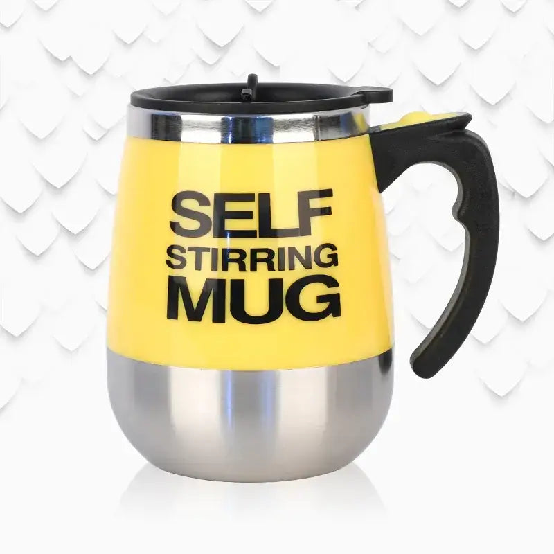 Yellow self-stirring mug with a black handle and lid, featuring bold black text on its metallic body.
