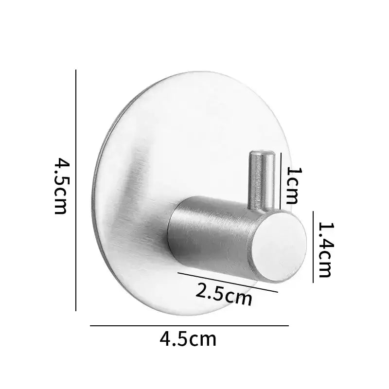 Silver metallic wall hook with a circular base and cylindrical peg.
