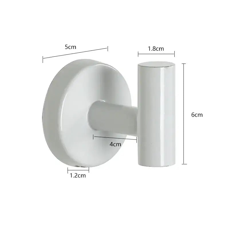 White, sleek wall-mounted hook with a circular base and cylindrical hanging arm.