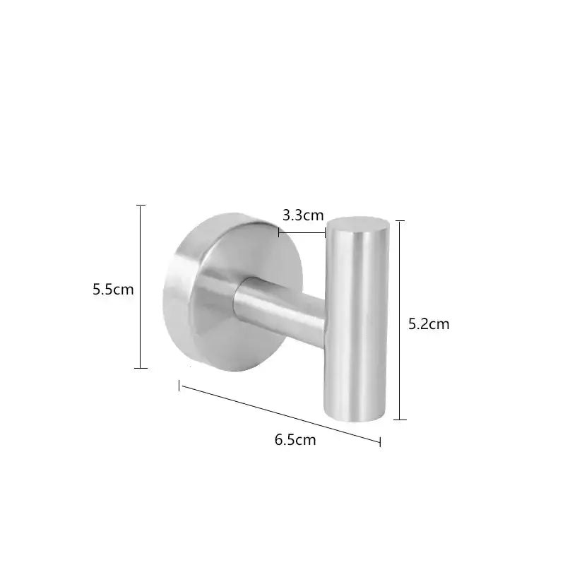 Stainless steel t-shaped wall hook with a sleek, polished finish and precise dimensions.