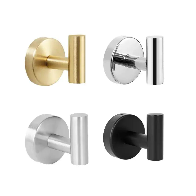 Modern wall-mounted hooks available in gold, chrome, brushed steel, and matte black finishes.